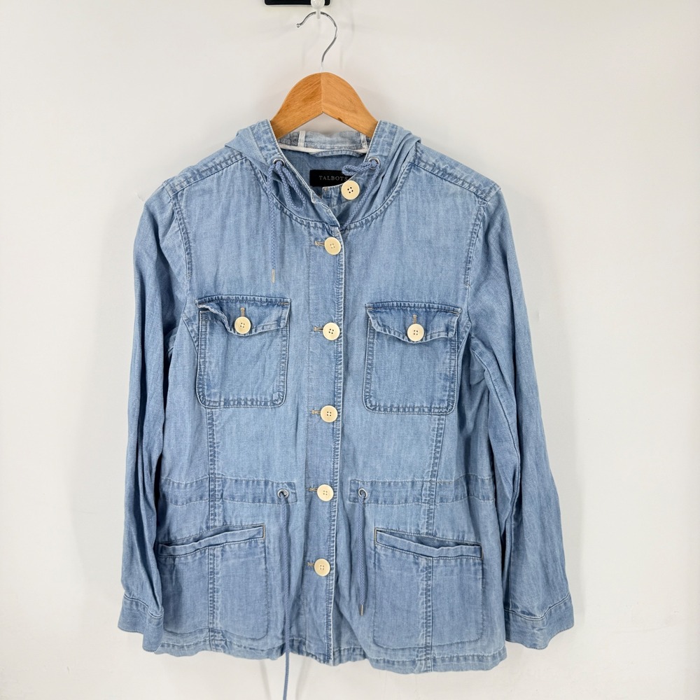 Talbots Hooded Utility Jacket Light Wash Denim Blue Size Medium Coastal Cotton